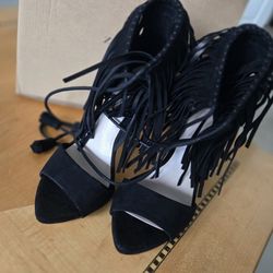 Zara black fringed sandals stiletto heel lace-up ankle straps US 6, EUR 36