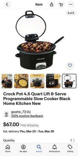 Crock-Pot 4.5-Quart Lift & Serve Hinged Lid Slow Cooker, One-Touch Control,  Black 