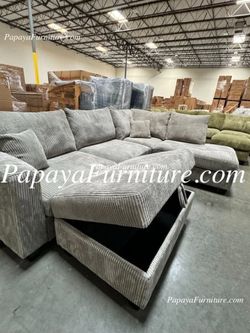 NEW Light Grey Fabric Sectional Sofa and Chaise Set STORAGE Ottoman Ashley Style Furniture Warehouse Discount BIG SALE Clearance Closeout Modern Chic