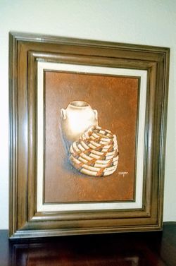 GORGEOUS OIL PAINTING OF NATIVE AMERICAN POTTERY. BY LYDIA COOPER SIGNED. 24" H X 20" W. VERY NICE PIECE OF WORK!