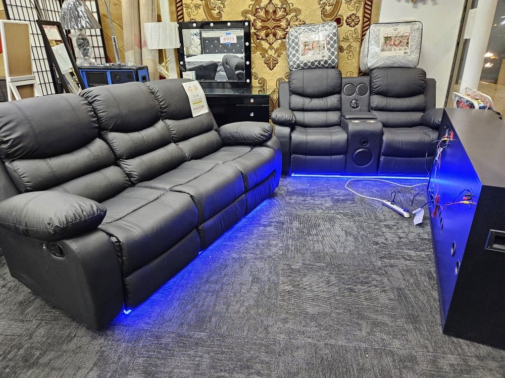 Free Local Delivery Black Leather LED Bluetooth Speaker Recliner Sofa Loveseat Two-piece Special