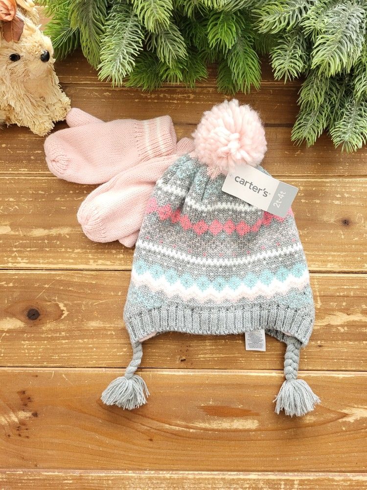 SIZE 2T-4T KNITTED PRINT BEANIE W/MITTS **BRAND NEW**