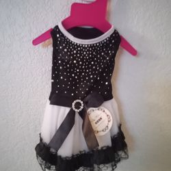 Black And White Satin Dog Dress With Decorative Beads And Bow