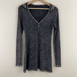 T PARTY Dark Grey Waffle Knit Bella Swan Beaded Fitted Long Sleeve Henley Top