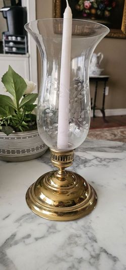 Vintage Brass Type Hurricane Candle Holder with Etched Floral Glass Shade – 12” x 5”