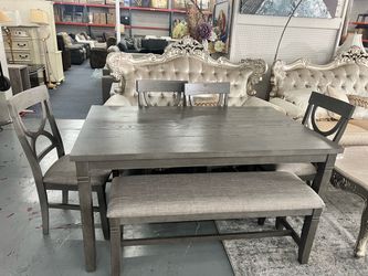 Gray Wood Dining Table Set with Bench-same day delivery -no credit needed