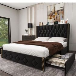 Full Size Bed Frame with 2 Storage Drawers and Wingback Headboard velvet $120 