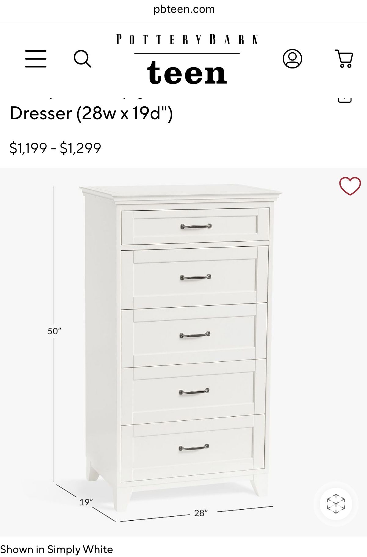 Pottery Barn White 5-Drawer Tall Dresser (28w x 19d")