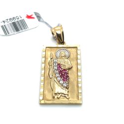 14kt Gold Rectangle San Judas Pedant With Red And White Cz Stones 5.00grams 159924 11