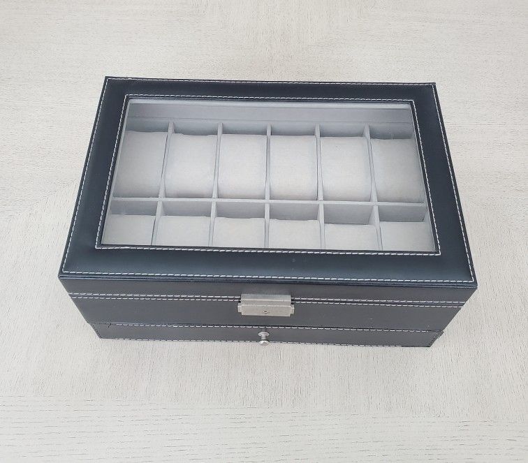12 Slot Watch Box Jewelry Box With 2 Keys H 5" x L 12" x W 8" (Read Description)