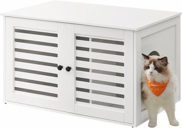 Litter Box Furniture Hidden with Removable Divider, Indoor Cat House, End Table, 31.5 x 20.9 x 19.7 Inches, White UPCL003w01