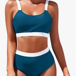 Womens High Waisted Bikini Sets Sporty Crop Top Color Block Swimwear Bandeau Scoop Neck Vintage Two Piece Bathing Suits

