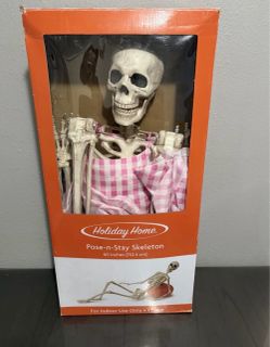 Life Size Halloween 60" Pose-N-Stay Skeleton With Gingham Dress Outfit Indoor