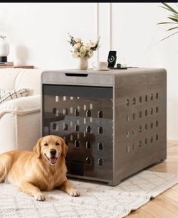 Large Dog Crate Furniture w/ Charging Station & Drawer – Gray – Brand New