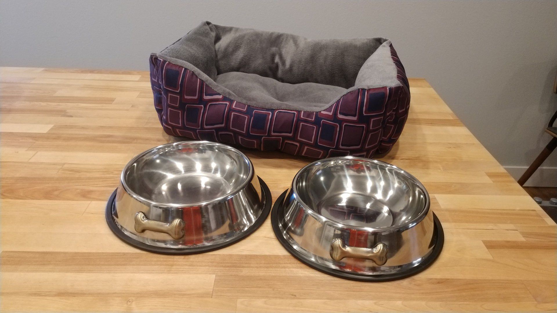 Dog bed and bowls