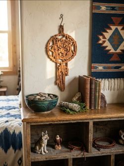 Handcrafted Wooden Cougar Mountain Lion Dreamcatcher Wall Hanging Decor 10x6 in
