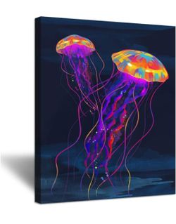 Vintage Abstract Canvas Wall Art Colorful Jellyfish Under Deep Ocean Sea Life Animal Picture Painting Gallery Wrap Modern Home Bedroom Bathroom Decor