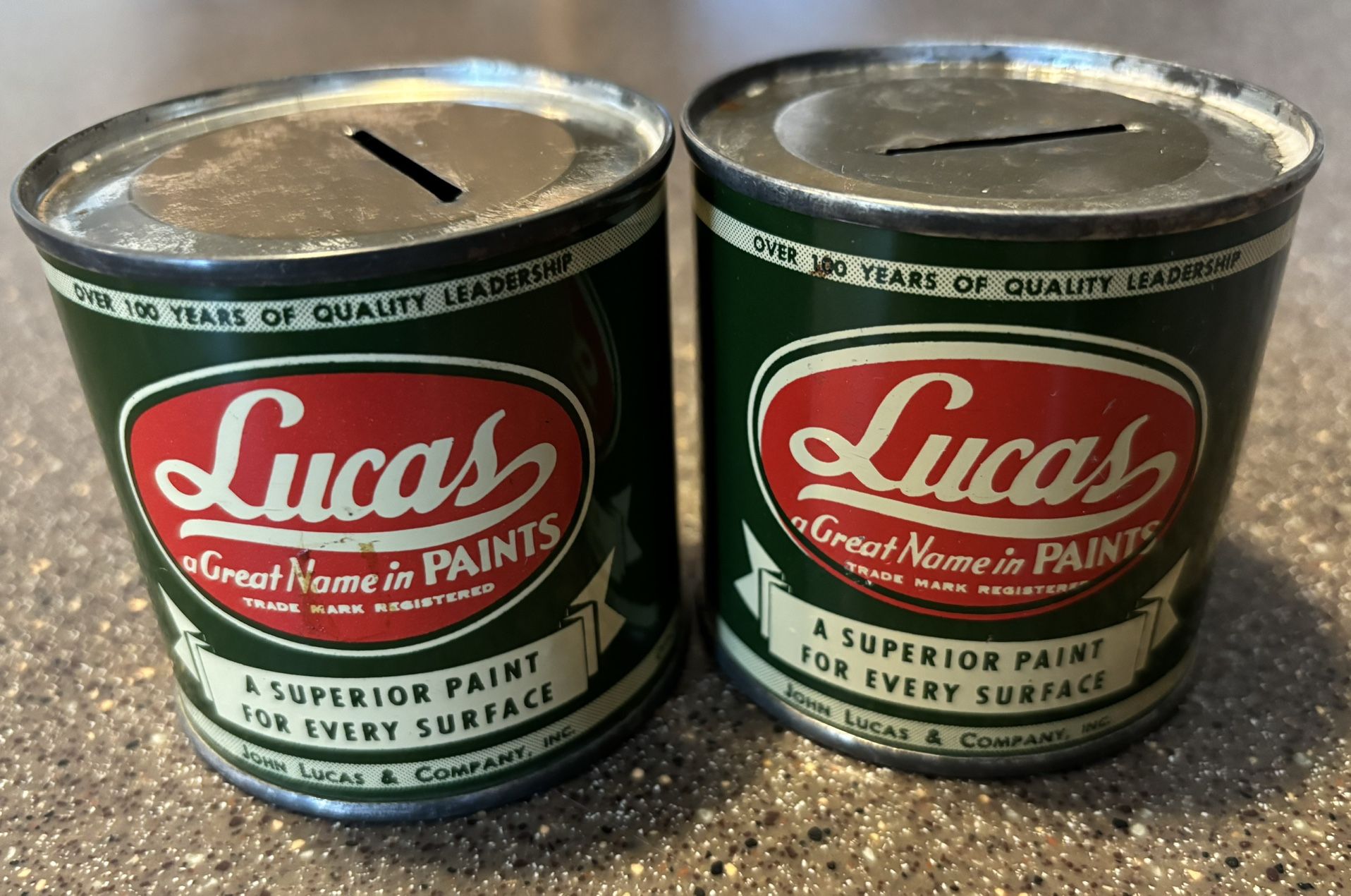 Pair Of Vintage Lucas Paint Can Tin Banks