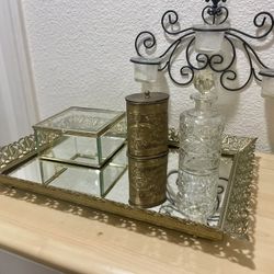 Large Vintage Mirror Vanity Tray/Perfume Tray/Golden Filigree Ormolu 16" X 11" 
