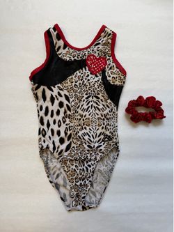 Size 6 / 7 (INT) Kids Alpha Factor Leopard Gymnastics Leotard with Hair Scrunchie