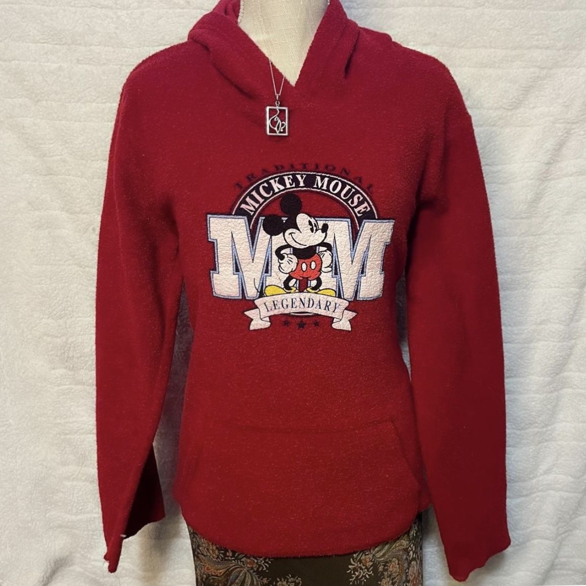 Vintage Disney Red Mickey Mouse Fleece Hoodie Sweater Stage 28 Size XL Kids / Women’s Small