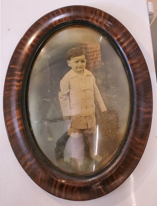 Antique Tiger Stripe Convex/Bubble Glass Photo Frame (With Photo Of Young Boy)