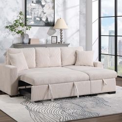 Beige Pull Out Sofa Bed W/ Reversible Storage Chaise