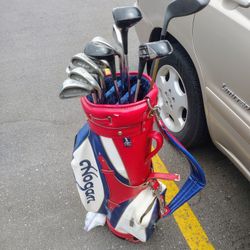 Full Set Of Golf Clubs, Ben Hogan Leather Golf Bag, Nike balls