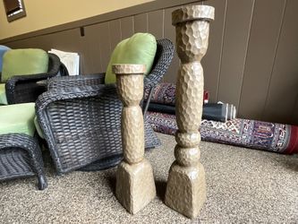 Pair Of Hand Carved Wood Floor Candle Holders