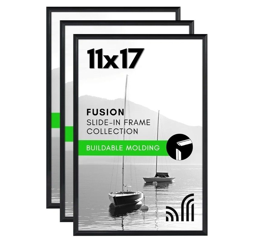 New 11x17 Picture Frame with Polished Front Cover - Set of 3 - Slide-In Photo Frame with Buildable Molding - Fusion Collection - Picture Frames for Wa