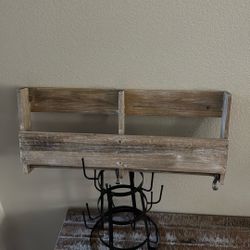 Kitchen - Entryway Organizer- Farmhouse Wooden Shelf With Metal Hooks
