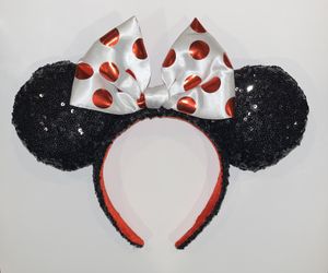 Great Condition! Disney Disneyland Classic Ears Headband Satin Bow Sequin White Red Black