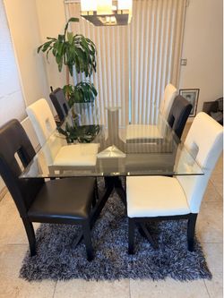 Modern Glass Dining Table Set with 6 Chairs | Dark Wood Pedestal Base | 72” x 42”