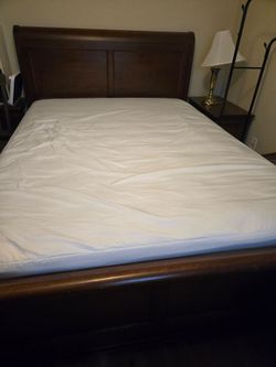 Cherry Wood Sleigh Bed Frame with Mattress and two end tables
