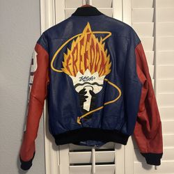 90s RARE WHERE MI MICHAEL HOBAN USA TORCH FREEDOM MULTICOLOR LEATHER JACKET SZ S