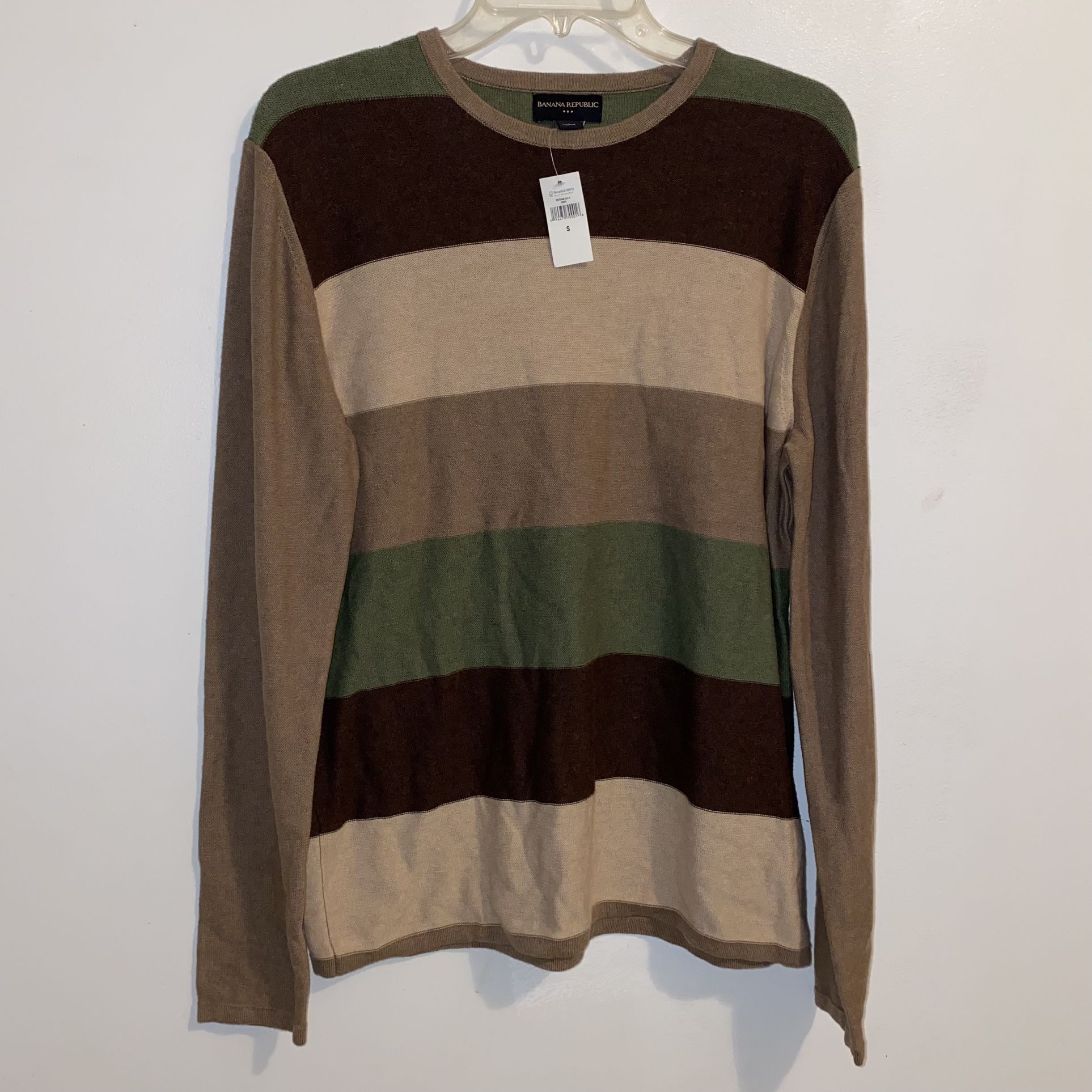 NWT $100 Banana Republic Green Stripped Pullover Crew Neck Long Sleeve Sweater S