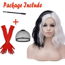 Black White Wigs for Cruella Deville Costume Women Cruella Deville Wig with Red Gloves Cute Soft Wigs for Halloween Costume S080BW