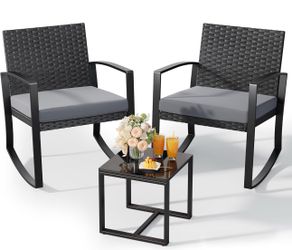 3 Pieces Patio Furniture Set Rocking Bistro Set Outdoor Rattan Conversation with Coffee Table for Garden Balcony Backyard Poolside (Grey Cushion)