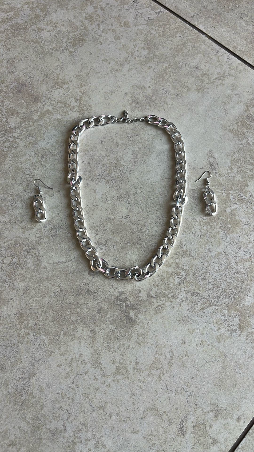 Silver Chain Necklace and Matching Earrings Costume Jewelry 