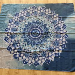 teal, royal blue, and white mandala tapestry