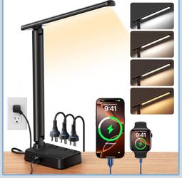 New-LED Desk Lamp with Power Strip, 3 AC Outlets & 4 USB Ports (2 USB-C), Stepless Dimming & 2800K-6500K Eye-Caring Desk Light, Foldable Table Lamp wi