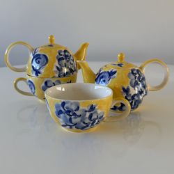 Herman Dodge & Son Tea Set Teapot Cup Stacked Yellow Blue Flowers Tea For One