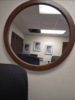 Round mirror with wood frame