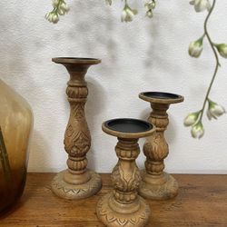 Wood Carved Candle Holder Set