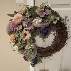 Pair Of Grapevine & Silk Flower Wreaths