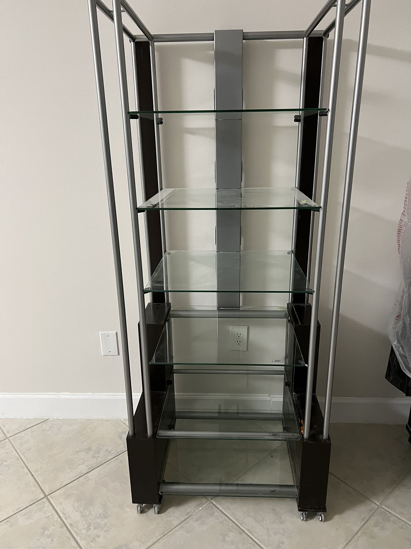 Wood and Stainless Steel Cabinet with Glass Shelves