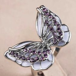 BRAND NEW IN PACKAGES AMETHYST PURPLE CRYSTAL WHITE FIRE OPAL SILVER BUTTERFLY RINGS