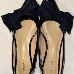 C. Paravano Black Patent Bow Flats Pointed Toe Size 6.5 Like New