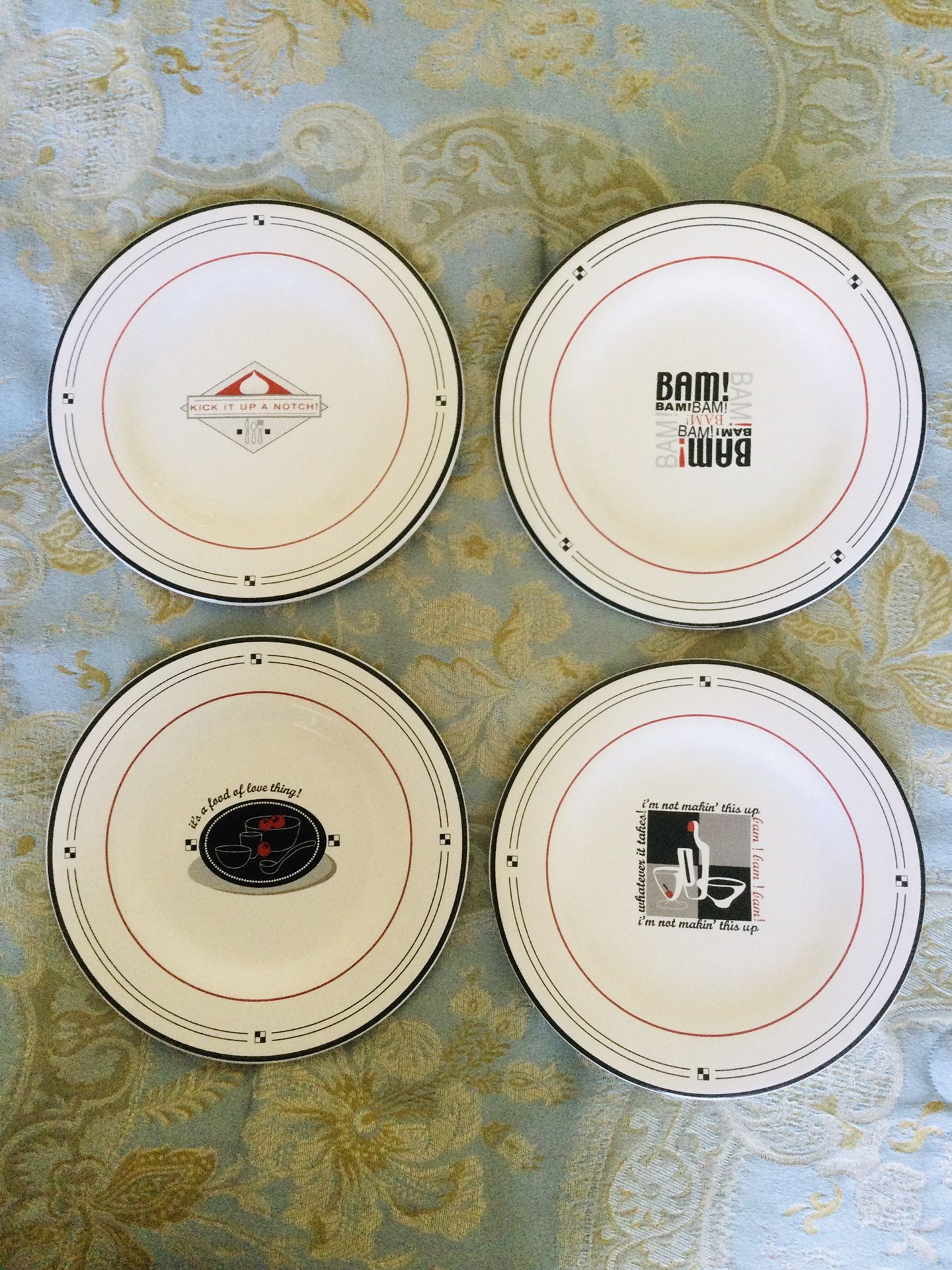 NEW Set of 4 Plates Emeril Lagasse Kitchen Dinners Lunches Salads Snacks Appetizers Bowls China For Dinnerware Decorative Quotes Cooking Chef