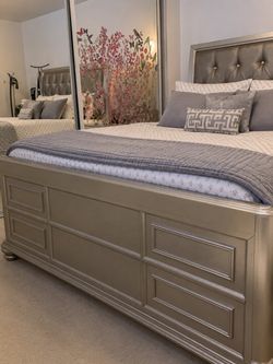 Queen Bed Frame, Dresser with 12 drawers and side table with three drawers